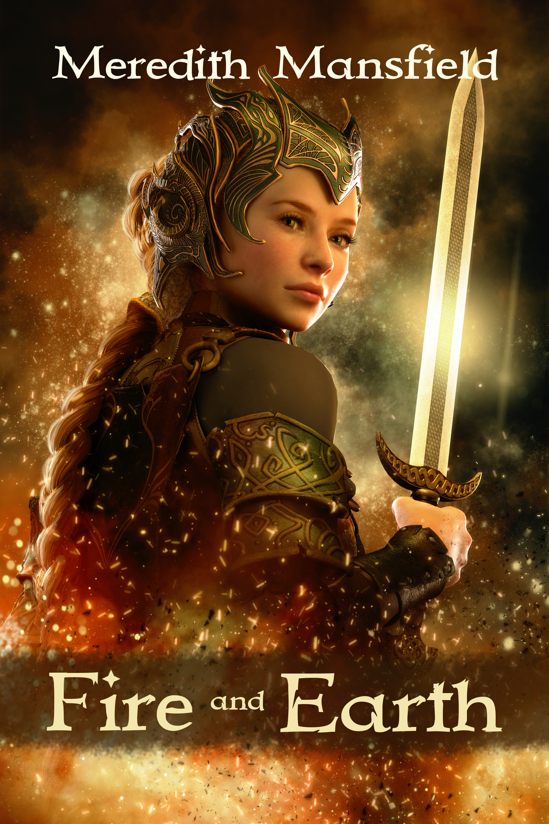 3D computer graphics of a female warrior with fantasy dress and sword
